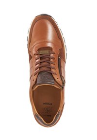 Brown leather shoe with tan accents, featuring a round toe, laces, and a side zipper. Textured upper and contrasting white rubber sole.