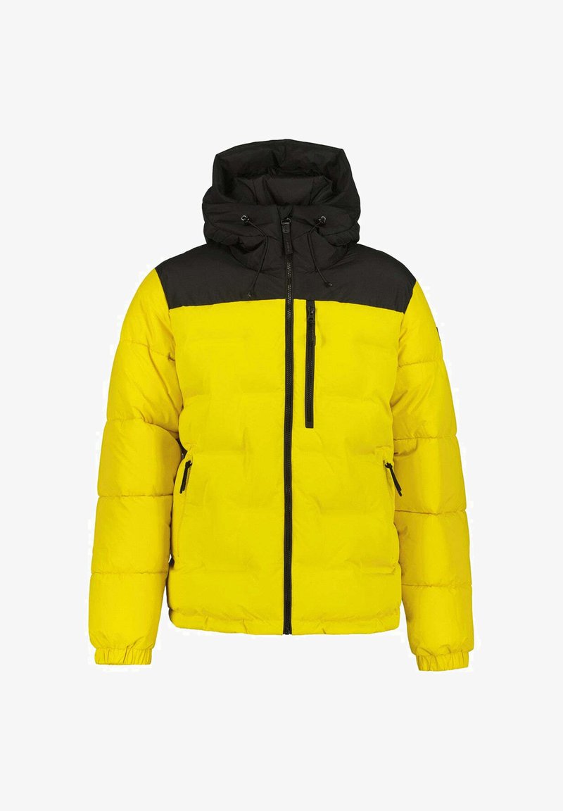 Gelbe wattierte Winterjacke mit schwarzen Schultern, Kapuze, Reißverschlusstasche auf der Brust und Frontreißverschluss.