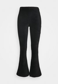 Svarta corduroy-bukser med utställda ben och vertikal ribbad textur, med resårmidja och en figurnära design över låren.