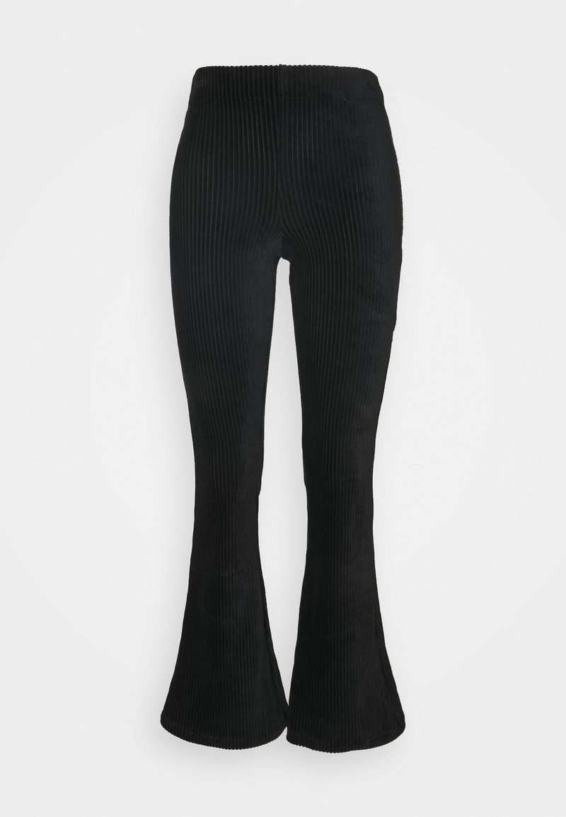 Svarta corduroy-bukser med utställda ben och vertikal ribbad textur, med resårmidja och en figurnära design över låren.