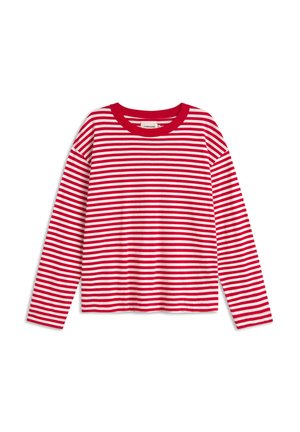Rood en witte langmouwen t-shirt met horizontale strepen. Zachte stof met een ronde hals en een ontspannen pasvorm.