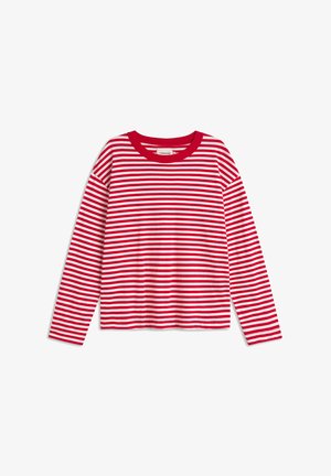 T-shirt a maniche lunghe rosso e bianco con strisce orizzontali. Tessuto morbido con scollo rotondo e vestibilità morbida.