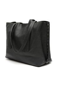 Sac fourre-tout en cuir noir avec deux poignées allongées, design minimaliste, détail de texture et accents métalliques sur un côté.