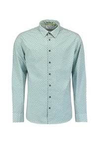 Lichtblauw overhemd met lange mouwen en een ingewikkeld geometrisch patroon. Het heeft een button-down kraag, knopen aan de voorkant en een lichte textuur.