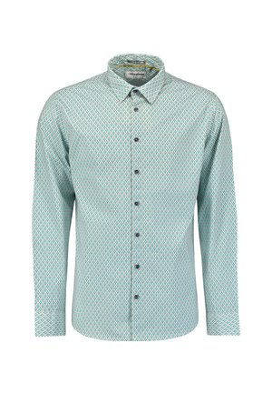 Chemise à manches longues bleu clair avec un motif géométrique complexe. Dotée d'un col boutonné, de boutons à l'avant et d'une légère texture.