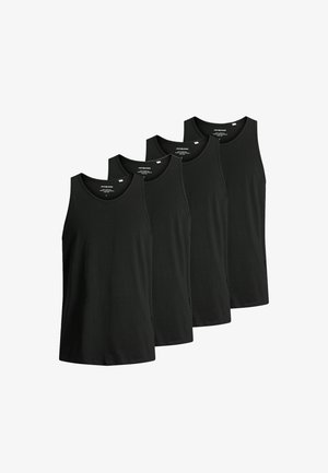 Quattro canotte nere esposte in una linea retta. Realizzate in cotone, presentano un collo rotondo e un design senza maniche con orlo dritto.