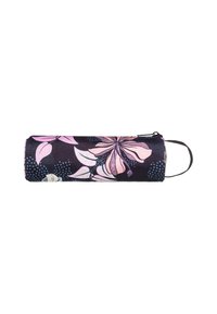 Estuche cilíndrico de color púrpura oscuro con un patrón floral en rosa claro, cremallera negra y correa de muñeca negra sobre un fondo blanco.