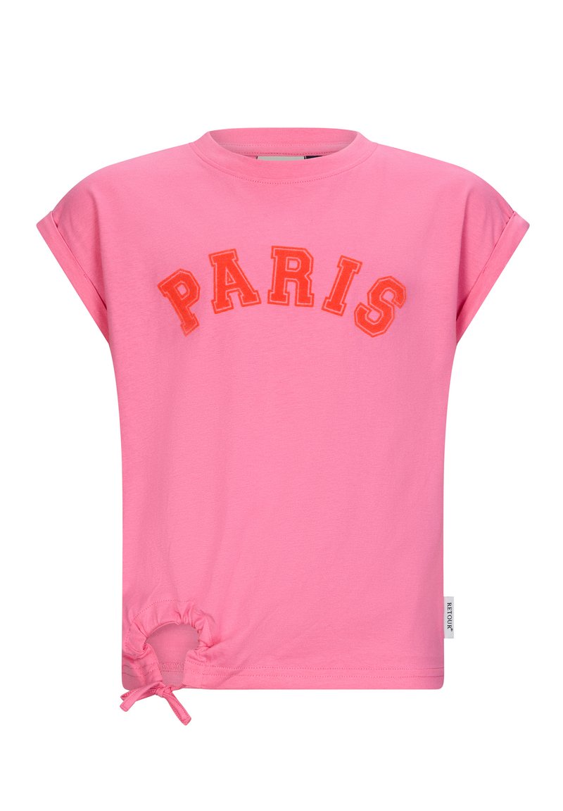Rosa Baumwoll-T-Shirt mit aufgerollten kurzen Ärmeln, das "PARIS" in fetten orangenen Buchstaben über der Brust zeigt und eine geraffte Seiten-Details mit einer Schleife hat.