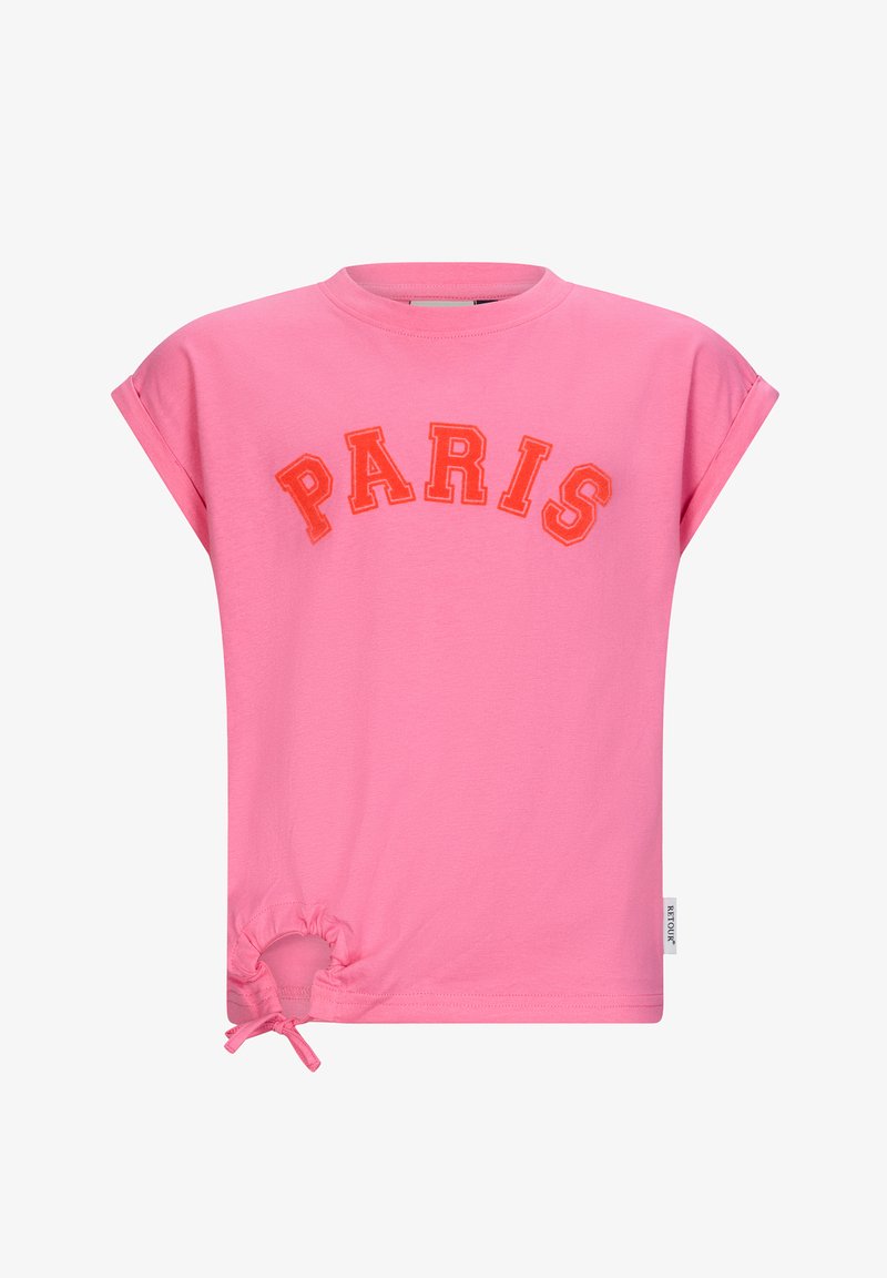 Różowy bawełniany t-shirt z krótkimi, podwiniętymi rękawami, z napisem "PARIS" w wyraźnych pomarańczowych literach na piersiach oraz z detalem w postaci zebranej boku z wiązaniem.