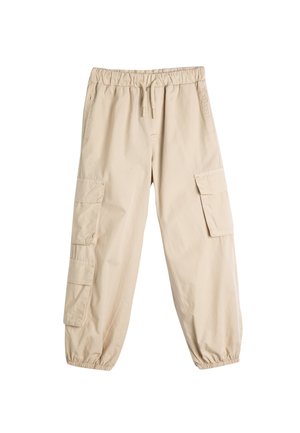 Pantalons cargo beiges en tissu léger, dotés d'une taille élastique, d'un cordon de serrage ajustable et de deux poches latérales.