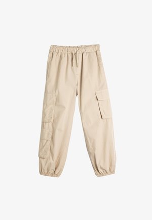 Pantaloni cargo beige realizzati in un tessuto leggero, dotati di vita elasticizzata, cordino regolabile e due tasche laterali.