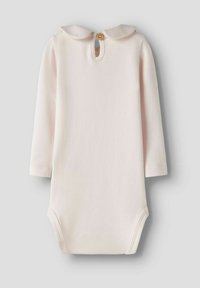 Long-sleeve baby bodysuit in soft pink cotton with a rounded collar, button closure at the back, and snap fastenings at the bottom.