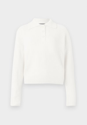 White ribbed knit long-sleeve polo sweater with a collar and three-button placket, featuring a cropped design and soft texture.