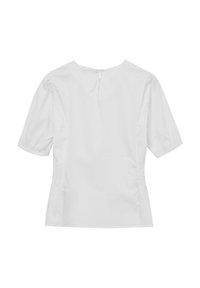 Blusa bianca a maniche corte con scollatura rotonda, chiusura con oblò sul retro e texture arricciata sui lati per una silhouette sagomata.