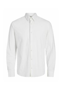 Weißes Langarmhemd aus Baumwolle mit einem Button-Down-Kragen, Frontleiste mit Knöpfen und ohne sichtbare Muster oder Verzierungen.