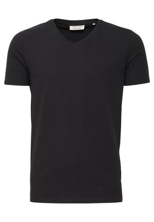 Black V-neck T-shirt made of soft cotton, featuring short sleeves and a straight hem. No visible logos or patterns.