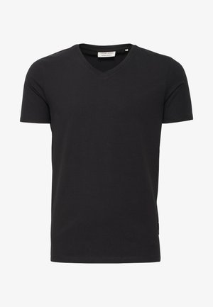 Schwarzes V-Ausschnitt-T-Shirt aus weicher Baumwolle, mit kurzen Ärmeln und geradem Saum. Keine sichtbaren Logos oder Muster.