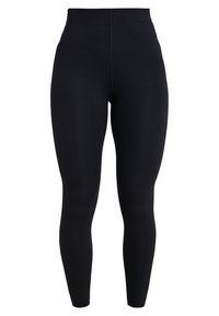 Leggings neri con una vita alta, realizzati in un tessuto elasticizzato. Texture liscia, design aderente, branding minimale vicino alla vita.