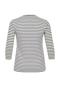 Striped long-sleeve top with navy and white horizontal stripes, round neckline, soft fabric, and slightly curved hemline at the back.