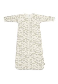 Mouwloze slaapzak in crème met een rits, met een subtiel dierenprintpatroon in lichtgrijs. Gemaakt van zacht, ademend katoen.