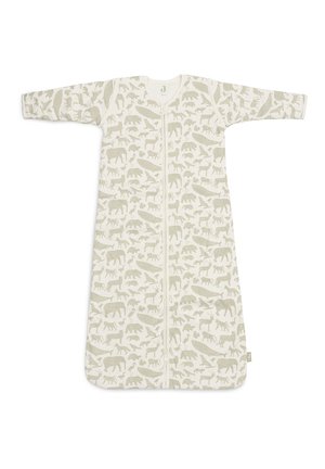 Saco de sommeil sans manches en crème avec une fermeture éclair, présentant un motif d'animaux discret en gris clair. Fabriqué en coton doux et respirant.