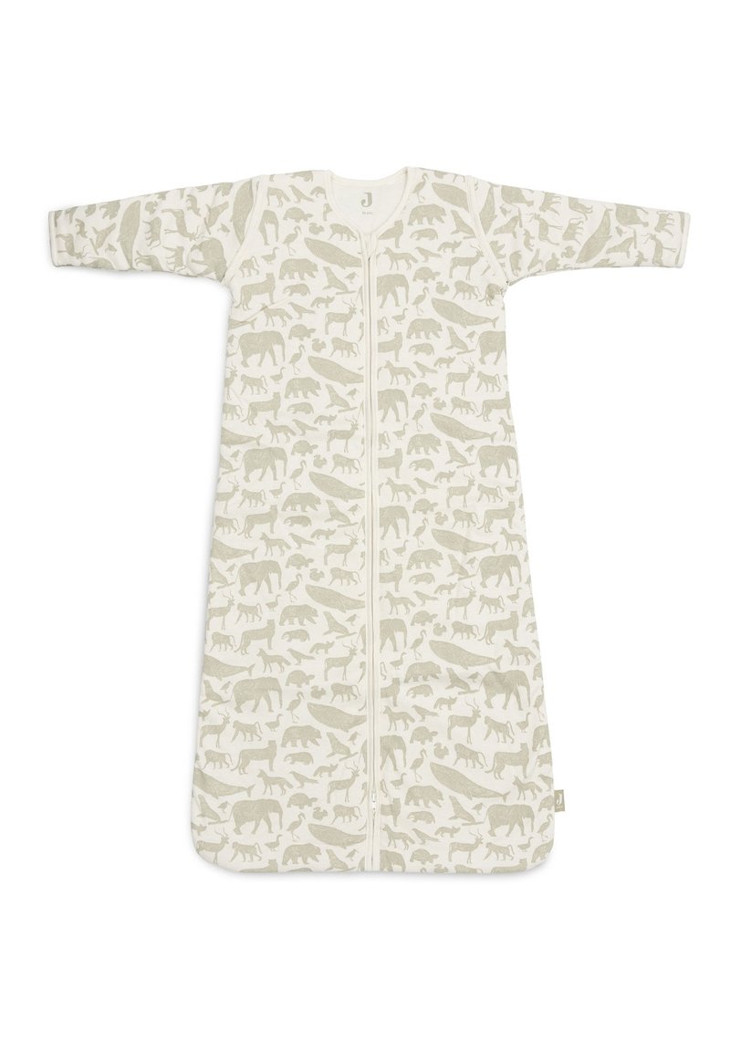 Mouwloze slaapzak in crème met een rits, met een subtiel dierenprintpatroon in lichtgrijs. Gemaakt van zacht, ademend katoen.