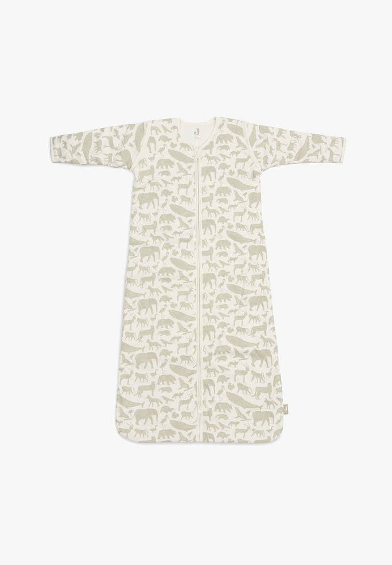 Mouwloze slaapzak in crème met een rits, met een subtiel dierenprintpatroon in lichtgrijs. Gemaakt van zacht, ademend katoen.