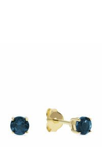 Runde Ohrstecker mit tiefblauen Edelsteinen, die in goldfarbenem Metall mit glatter Oberfläche gefasst sind und über eine sichere Befestigung verfügen.