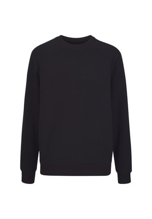 Schwarzer Langarm-Pullover mit Rundhalsausschnitt, dezent strukturiertem Muster, gerippten Bündchen und Saum.