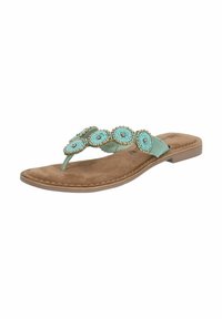 Perleturkis flip-flop sandal med en blød brun sål, der har et blomstermotiv på remmen og en flad hæl for komfort.