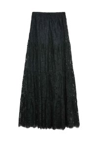Černá krajková maxi sukně s rozděleným designem, která má texturovaný vzor a elastický pás pro pohodlné nošení.