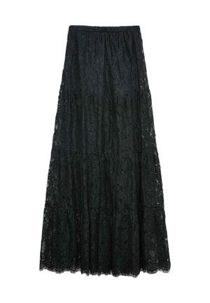 Zwarte kanten maxi-rok met een gelaagd ontwerp, voorzien van een textuurpatroon en een elastische tailleband voor een comfortabele pasvorm.