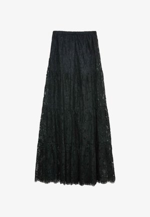 Zwarte kanten maxi-rok met een gelaagd ontwerp, voorzien van een textuurpatroon en een elastische tailleband voor een comfortabele pasvorm.