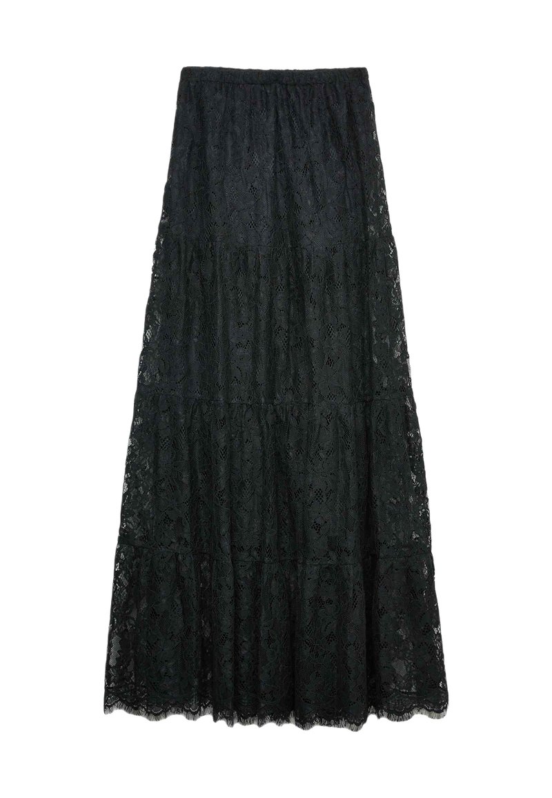 Černá krajková maxi sukně s rozděleným designem, která má texturovaný vzor a elastický pás pro pohodlné nošení.