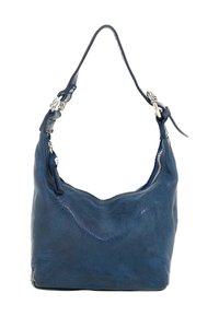 Borsa in pelle blu navy con superficie strutturata, stile hobo, parte superiore curva, chiusura con zip e una singola tracolla con dettagli decorativi in metallo.