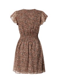 Pruun lühikeste varrukatega kleit, millel on soonikvöökoht ja mitmevärviline abstraktne lillemustriga, lehvikvarrukad ja ümar kaelus.