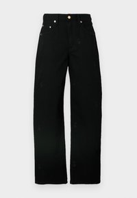 Čierne široké nohavice vyrobené z bavlny s jemnou textúrou, s nenápadnými vyšívanými vzormi a zlatými kovovými doplnkami na vreckách.