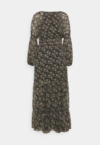 Černé průsvitné midi šaty s dlouhým rukávem, se přiléhavým pasem, vrstvenou sukní a béžovým květinovým vzorem po celé látce.