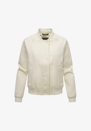 Off-white bumbierjakets, kas izgatavots no mīksta auduma. Šim jaketim ir ribotā apkakle, pogu aizdare un sānu kabatas ar teksturētām akcentiem uz piedurknēm.