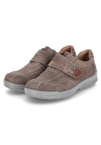 Gray leather shoes with a velcro strap, textured upper, contrasting white stitching, and a light rubber sole.