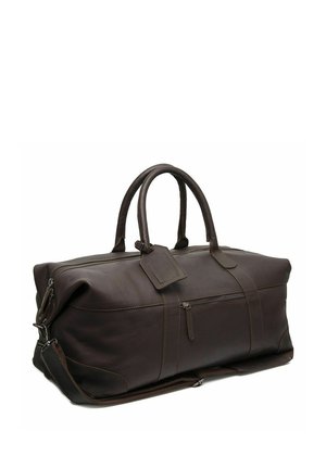 Dunkelbraune Lederreisetasche mit doppelten Griffen, einer Frontreißverschlusstasche und einem angebrachtem Ledergepäckanhänger.