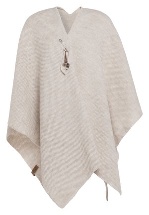 Beige woven poncho with a v-neck design, featuring a decorative pin and a textured surface. Soft and lightweight fabric.