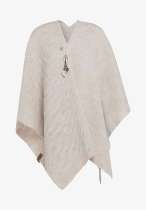 Beige geweven poncho met een v-halsontwerp, voorzien van een decoratieve pin en een gestructureerd oppervlak. Zachte en lichte stof.