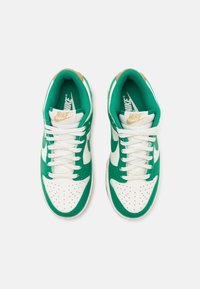 Paire de baskets Nike blanches et vertes avec des lacets blancs, des boîtes à orteils perforées et un logo doré sur des languettes rembourrées, vues de dessus.