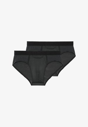 To sorte og gråstribede herreunderbukser med sorte elastiske taljebånd, lagret på en hvid baggrund.