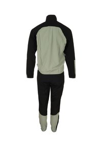 Tuta a due pezzi in nero e verde chiaro. Materiale leggero, design aderente, polsini elasticizzati e dettaglio con colletto con zip.