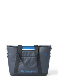 Gray fabric tote bag with blue accents, featuring two handles, a top closure, and a visible front pocket with a textured pattern.