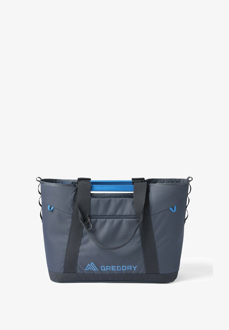 Gray fabric tote bag with blue accents, featuring two handles, a top closure, and a visible front pocket with a textured pattern.