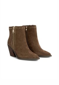 Braune Wildleder-Stiefeletten mit spitzem Zehenbereich, seitlichen Reißverschlüssen, goldfarbenen Nietenakzenten und einem gestapelten Absatzdesign.