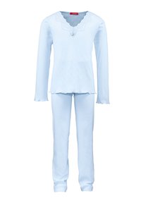 Light blue pajama set made of soft fabric. Features a long-sleeve top with scalloped neckline, and matching drawstring pants with subtle texture.